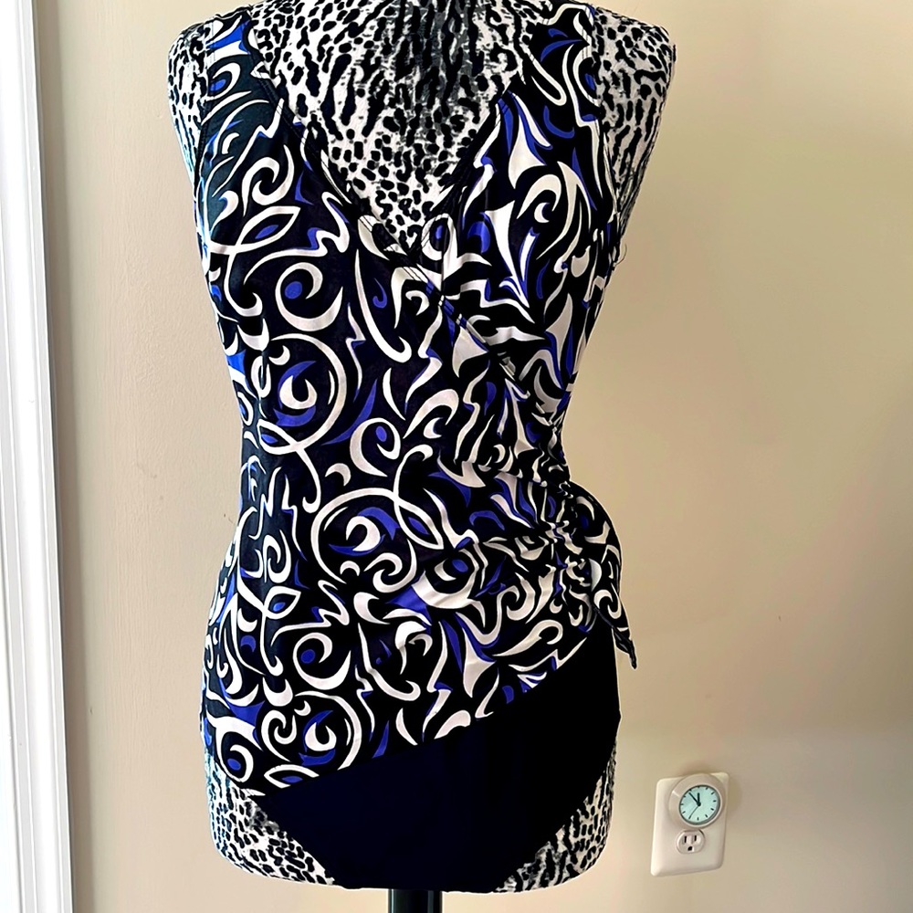 Cute Plus Sized one piece bathing suit w/ blue, white & black swirl pattern
